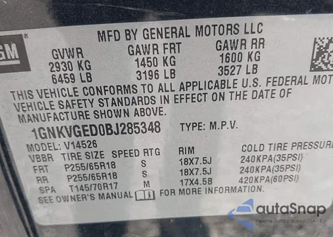 2011 Chevrolet Traverse 1Lt from USA, damaged, VIN 1GNKVGED0BJ285348